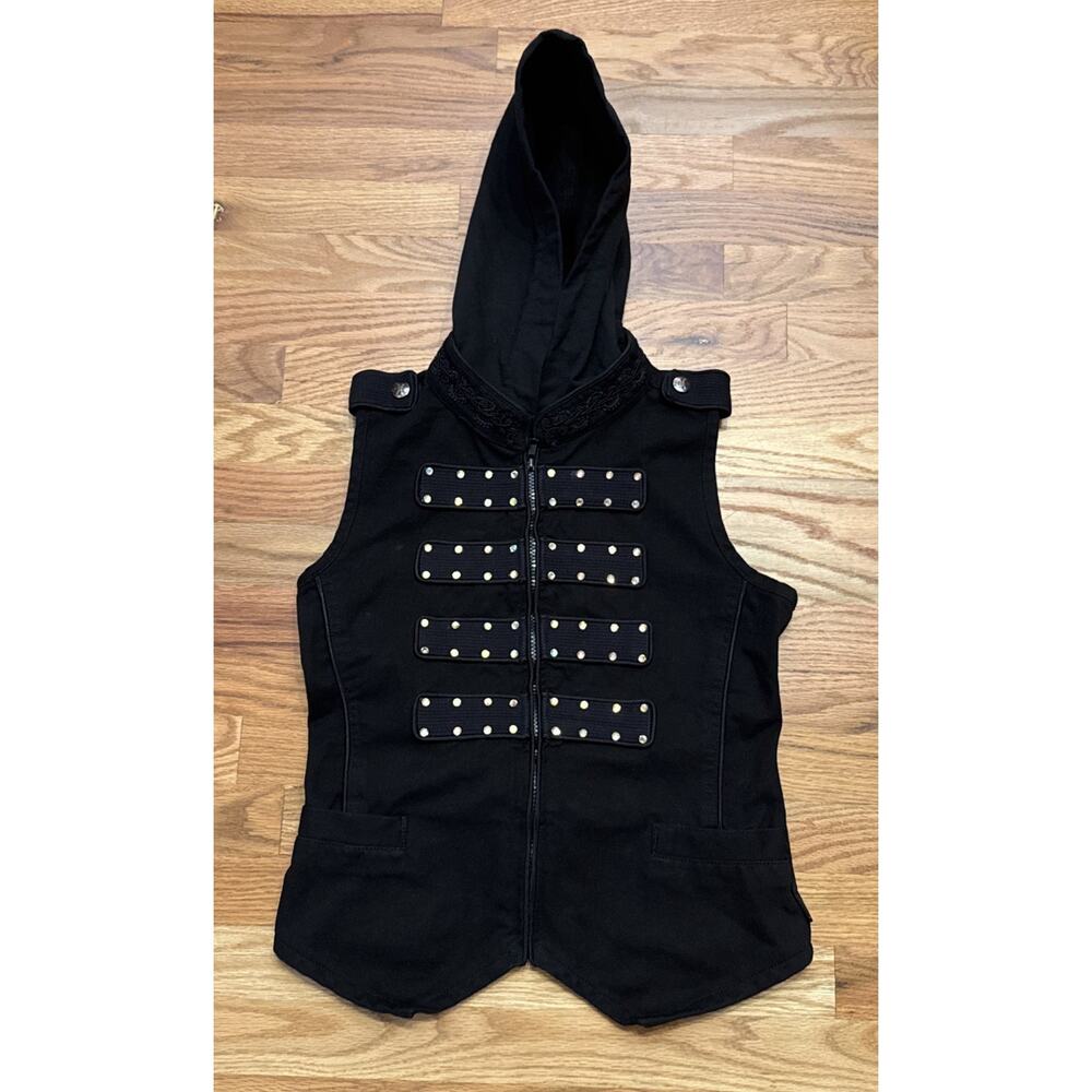 Tripp NYC Black Embellished Denim Hooded Vest Jacket Goth Punk Vintage Size XS